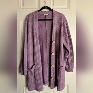 LARACE Cozy Purple Knit Cardigan with Wooden Buttons, Plus Size 2X